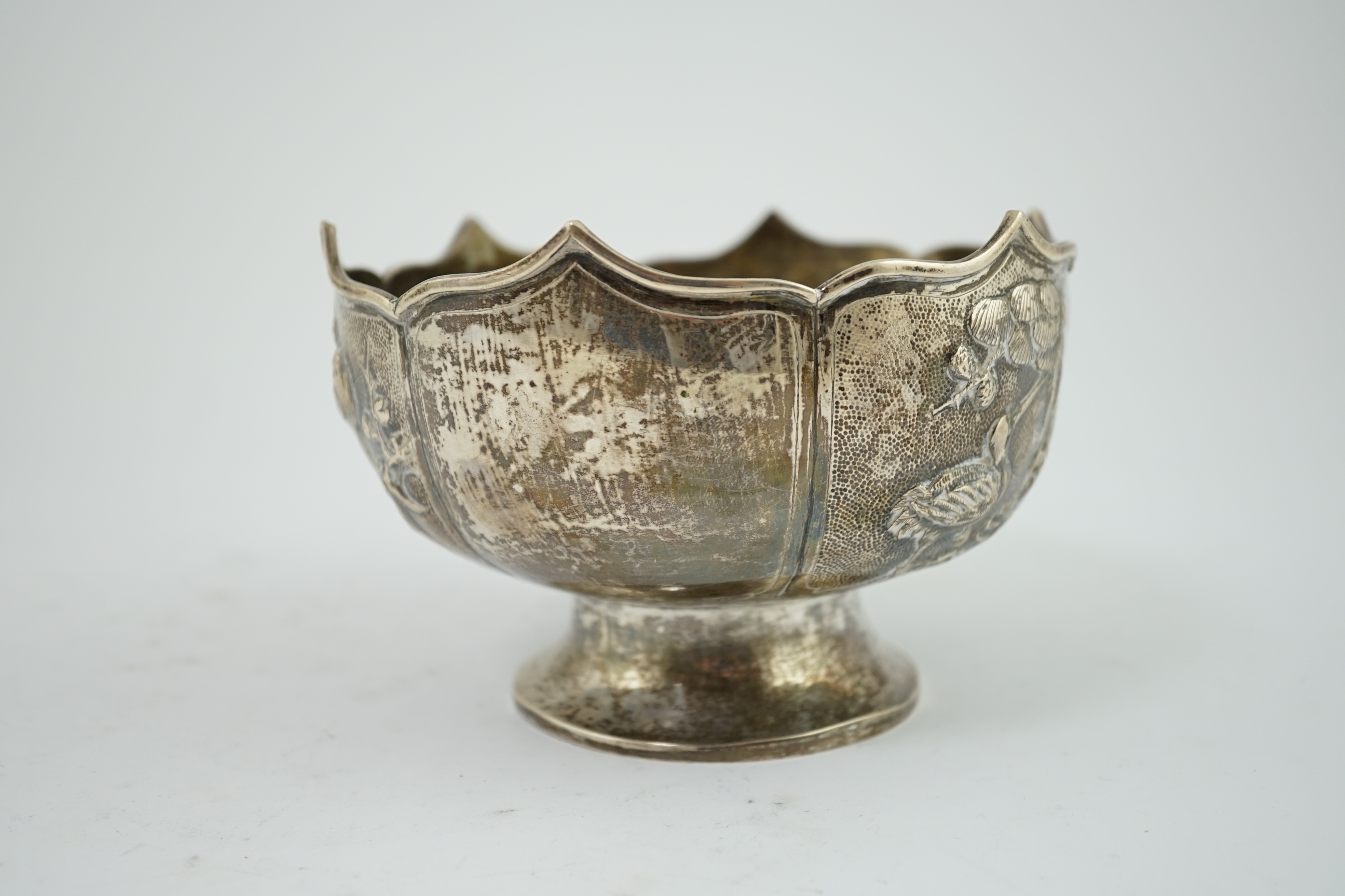 A Japanese white metal small rose bowl